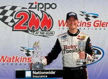 Kurt Busch, driver of the No. 22 Discount Tire/Ruby Tuesday Dodge, celebrates in victory lane after winning the NASCAR Nationwide Series Zippo 200 at Watkins Glen International on Aug. 13 in Watkins Glen, N.Y. Credit: Geoff Burke/Getty Images for NASCAR